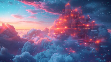 Poster - A colorful sky with a large building in the middle. The sky is filled with clouds and the building is lit up with red lights. Scene is bright and cheerful, with the colors of the sky