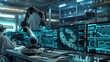 © Sasikharn - A robot is in a lab with several computer monitors. The robot is surrounded by monitors displaying various data and information. Concept of technology and innovation