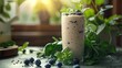 a protein-packed smoothie featuring whey protein, banana, spinach, and a handful of blueberries.