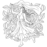 Fototapeta Pokój dzieciecy - Vector illustration, beautiful girl dances against the background of large roses.