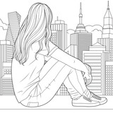 Fototapeta Pokój dzieciecy - Vector illustration, girl looks out the window at the city while sitting on the sill