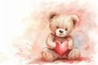 Watercolor bear holding a heart. Valentine's Day card. Cute baby illustration