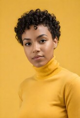 Wall Mural - Black woman in the age of 20s with short curly black hair, wearing a yellow turtleneck top against a yellow background.