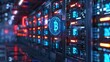 A futuristic bank vault filled with rows of glowing servers, each one secured with a holographic bitcoin symbol.