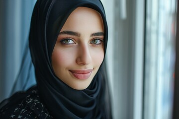 Close-up photo. Portrait of a young beautiful Muslim woman in a black hijab looking confidently and smiling at the camera, standing indoors by the, Generative AI