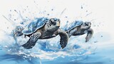 Turtles against the background of blue water