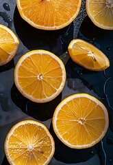 Wall Mural - a sequence of cut lemons on a black surface