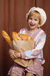 Girl in colorful outfit and white hat, holding a paper bag filled with various types of bread. Concept: Bakery shopping, fresh produce, and food diversity.