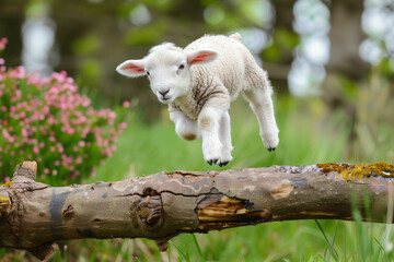 A baby sheep is jumping over a log in a grassy field. Concept of playfulness and innocence, as the young lamb leaps through the air with its head held high. The scene evokes a feeling of joy