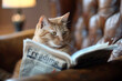 A cat is sitting on a bed and reading a newspaper. The cat is looking at the paper with interest, and the image conveys a sense of curiosity and relaxation