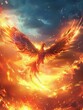 Craft a visually captivating CG wallpaper featuring a mystical phoenix as the focal point, showcasing its vibrant colors and dynamic movement in the fiery sky