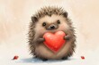 Watercolor illustration of Valentine's day romantic gift card with cute hedgehog holding heart in his hands.
