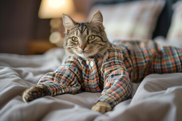 Wall Mural - A cat is wearing pajama suit and laying on a bed. The cat appears to be comfortable and relaxed in its outfit