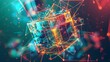 A vibrant abstract artwork of a cube exploding into a network of colorful lines and geometric shapes, representing blockchain data flow.3D rendering