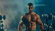 Bodybuilding Concept Portrait Of Muscular Young Arab Man Training With Dumbbells At Gym Confident Middle Eastern Bodybuilder Working Out With Light Weights In Sport Club Panorama Copy  : Generative AI