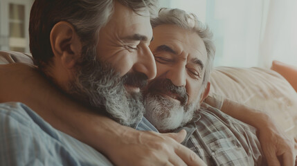 Adult hipster son fun hugging old senior father at home two generations have a beard talking together and relaxing with smile 2 man happy enjoy to living at home in fathers day with lo : Generative AI