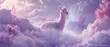 Produce a breathtaking panoramic view CG wallpaper featuring an alpaca amidst a dreamy, soft surreal landscape Use pastel color