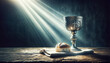 Golden chalice and loaf of bread on wooden table, illuminated by ethereal light beams. Symbolic still life concept of spirituality and nourishment.