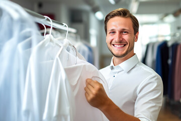 man professional employee, showcases laundered white shirts at modern dry cleaning service with a co