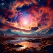 view night landscape mountain and Milkyway galaxy, sunset in the mountains background, color clashing with design ai generated.