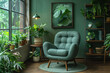 Ecofriendly home interior with greenery and plants, natural materials in a wicker armchair near a window on a dark gray wall with a wooden shelf. Created with Ai