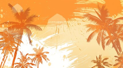 Wall Mural - Tropical, orange summer wallpaper depicting palm trees at the beach. Colorful background pattern in retro style. Ocean, sea, vacation and holiday concept.