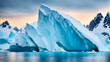 Glacier scenery in Antarctica, icebergs on the water surface, cold climate, greenhouse gases, global warming