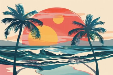 Wall Mural - Tropical summer wallpaper depicting palm trees at the beach. Colorful background pattern in retro style. Ocean, sea, vacation and holiday concept.