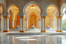 The Beautiful White And Golden Architecture Of The Mosque In Abu Dhabi, The Photo Is Taken From Inside Looking Out To An Endless Corridor With Tall Columns Decorated With Gold Accents. Created With Ai