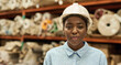 Young African woman wearing a hardhat standing in a warehouse