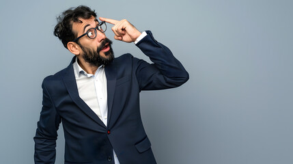 Hispanic man with beard wearing business clothes confused and annoyed with open palm showing copy space and pointing finger to forehead think about it : Generative AI