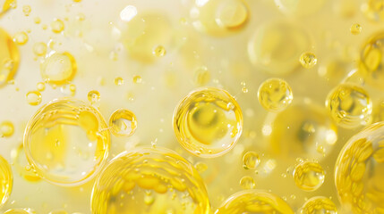 Poster - Abstract various yellow bubbles oil or serum with copy space background banner cosmetic or spa ingredient concept : Generative AI