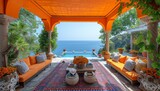 Fototapeta Londyn - large outdoor living room with furnishings and ocean views, in a traditional Mexican style
