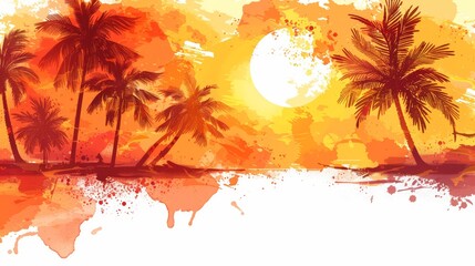 Wall Mural - Tropical, orange summer wallpaper depicting palm trees at the beach. Colorful background pattern in retro style. Ocean, sea, vacation and holiday concept.