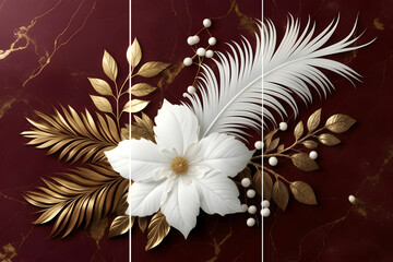 Sticker - Home panel wall art three panels, maroon marble with golden, white flowers and leaves and feather silhouette