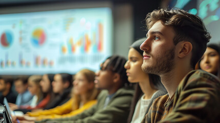 A diverse group of students engaged in a finance lecture, with charts and graphs projected on a screen in the background