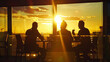 Silhouette of business people drinking wine in a restaurant at sunset