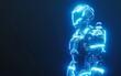 The wireframe robot with a blue glow is a striking example of modern conceptual art.