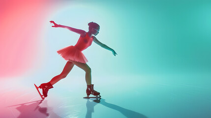 Young sportive girl junior female figure skater in red stage costume skating isolated over gradient greenblue background in neon Athlete in motion Sport beauty winter sports Copy space : Generative AI