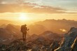 Solo Hiker Reaching Summit at Sunrise, Vast Mountain Range