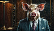 Anthropomorphic greedy filth dirty boar dressed in a suit like a businessman. business concept. A metaphor of greedy corporate executives and making disgusting decisions.
