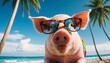 Whimsical pet summer holiday vacation photography banner background of a pig adorned with sunglasses