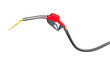 Fuel nozzle with spilling gasoline on white background