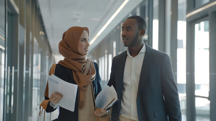 Portrait of AfricanAmerican man talking to young Muslim businesswoman and holding documents while walking towards camera in office interior copy space : Generative AI