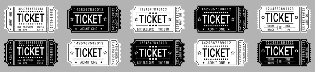 Set of black and white tickets, templates, icons isolated on gray background, vector.