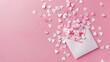 © Generative AI - love letter envelope overflowing with paper craft hearts  flat lay on pink valentines or anniversary background with copy space : Generative AI