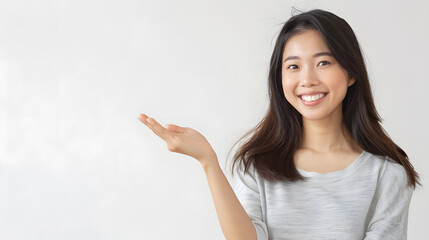 Happy Asian woman presenting or showing open hand palm with copy space for product on white background : Generative AI