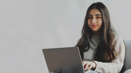 Happy pretty young longhaired arab woman in casual outfit sitting in armchair over white wall background typing on pc laptop keyboard and smiling female digital nomad working from home : Generative AI