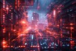 Network of computers receiving real-time protection from an invisible cybersecurity shield, Red-hued circuitry cityscape, digital pulses travel through skyscraper silhouettes,