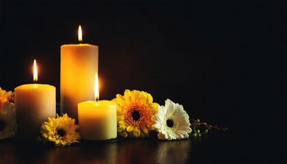 Wall Mural -  Burning candles and flowers on black background with space for text an obituary, list of dead. Funeral concept